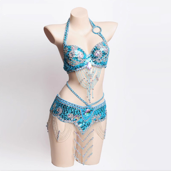 Costum Belly Dance: Set de sutien și centură cu mărgele brodate manual, stil Boho, poliester 70–80% + PVC 30–50%, croitorie manuală, primăvara 2024