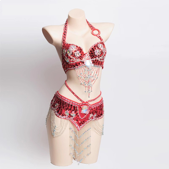 Costum Belly Dance: Set de sutien și centură cu mărgele brodate manual, stil Boho, poliester 70–80% + PVC 30–50%, croitorie manuală, primăvara 2024