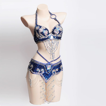 Costum Belly Dance: Set de sutien și centură cu mărgele brodate manual, stil Boho, poliester 70–80% + PVC 30–50%, croitorie manuală, primăvara 2024