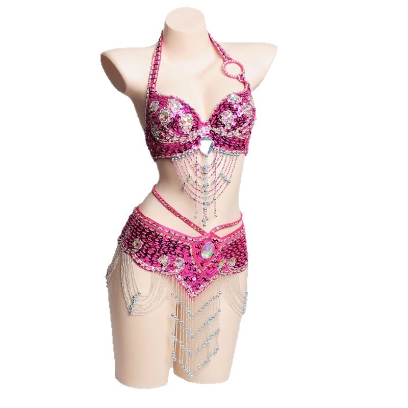 Costum Belly Dance: Set de sutien și centură cu mărgele brodate manual, stil Boho, poliester 70–80% + PVC 30–50%, croitorie manuală, primăvara 2024