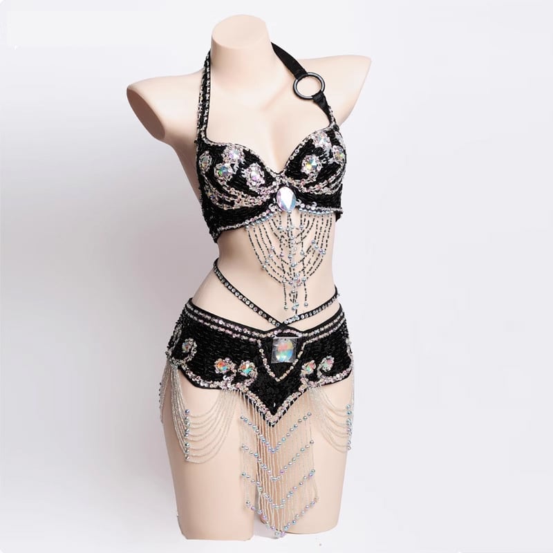 Costum Belly Dance: Set de sutien și centură cu mărgele brodate manual, stil Boho, poliester 70–80% + PVC 30–50%, croitorie manuală, primăvara 2024