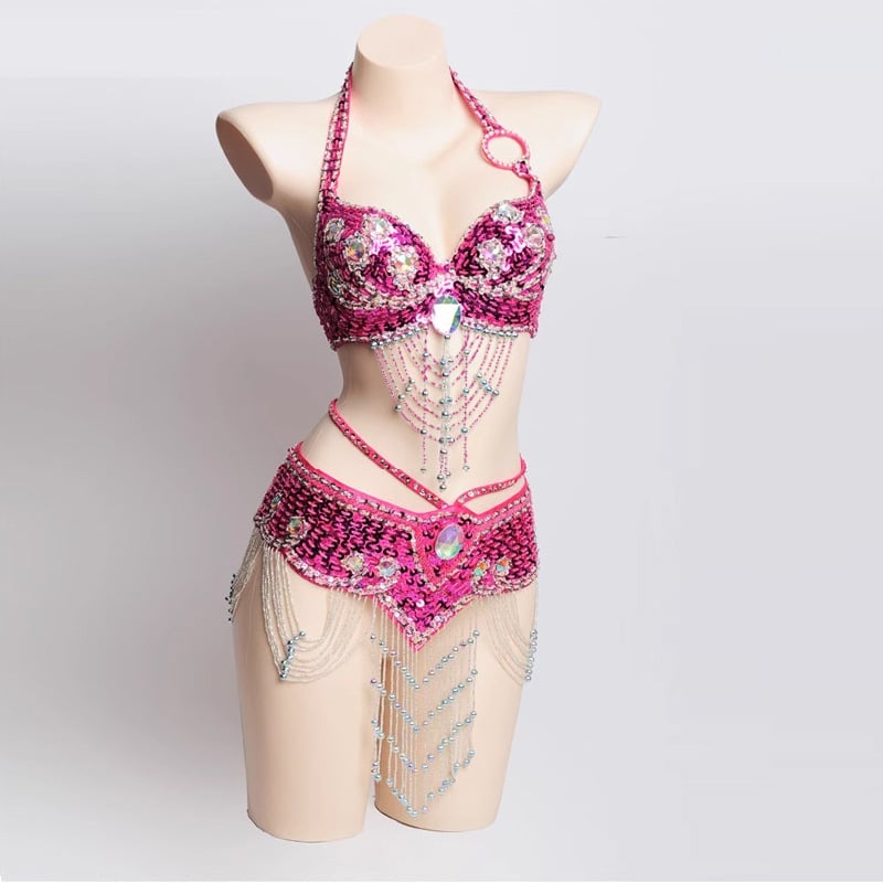 Costum Belly Dance: Set de sutien și centură cu mărgele brodate manual, stil Boho, poliester 70–80% + PVC 30–50%, croitorie manuală, primăvara 2024