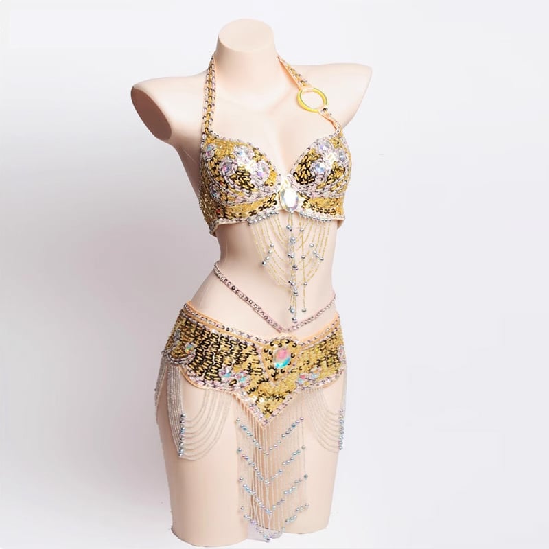Costum Belly Dance: Set de sutien și centură cu mărgele brodate manual, stil Boho, poliester 70–80% + PVC 30–50%, croitorie manuală, primăvara 2024