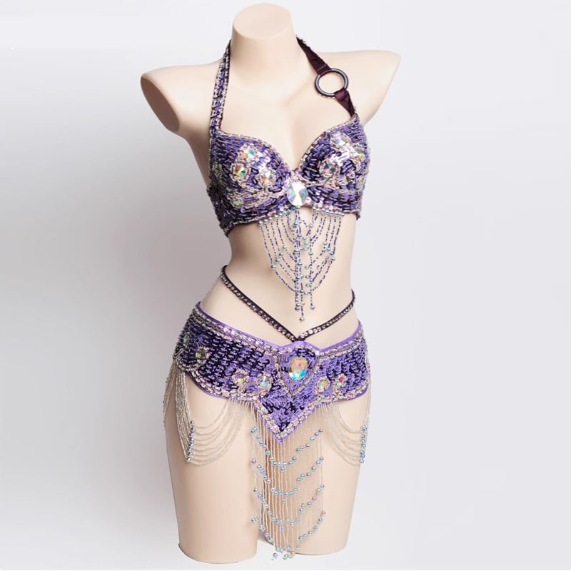Costum Belly Dance: Set de sutien și centură cu mărgele brodate manual, stil Boho, poliester 70–80% + PVC 30–50%, croitorie manuală, primăvara 2024