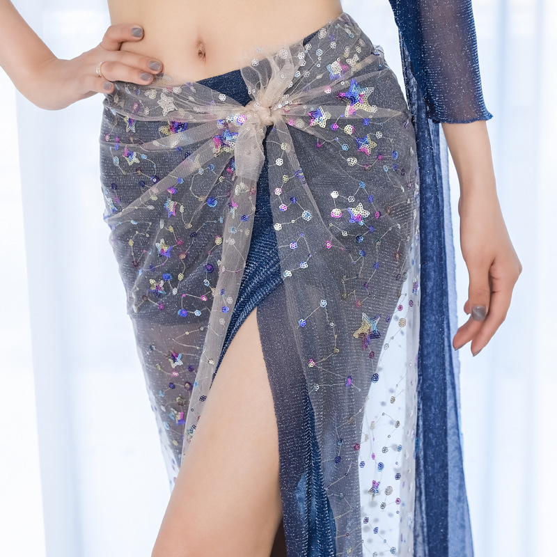 Set za belly dance – mrežasta hip suknja s izvezenim perlicama, seksi Piaoxian stil, ženski trening komad, glavni materijal 70-80% pamuk