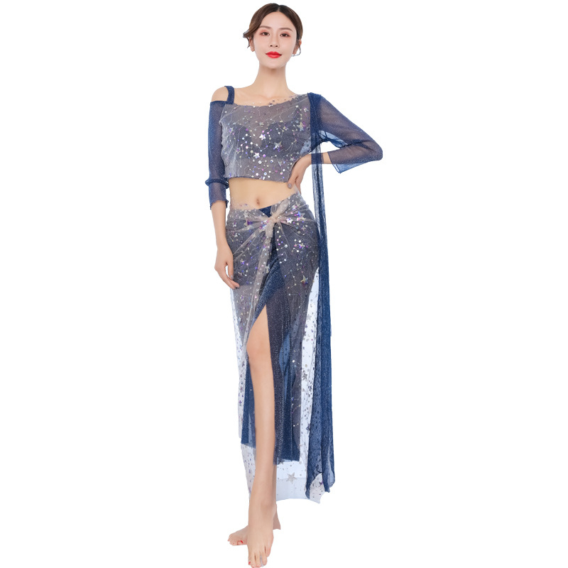 Set za belly dance – mrežasta hip suknja s izvezenim perlicama, seksi Piaoxian stil, ženski trening komad, glavni materijal 70-80% pamuk