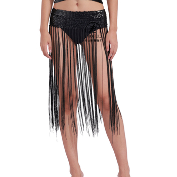 Costum Belly Dance cu centură de talie din paiete și fustă cu ciucuri — stil prințesă, materiale: acrilic ≤30%, poliester 90–95%