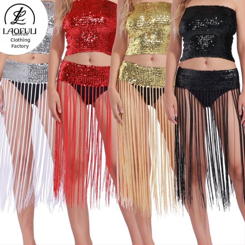 Costum Belly Dance cu centură de talie din paiete și fustă cu ciucuri — stil prințesă, materiale: acrilic ≤30%, poliester 90–95%