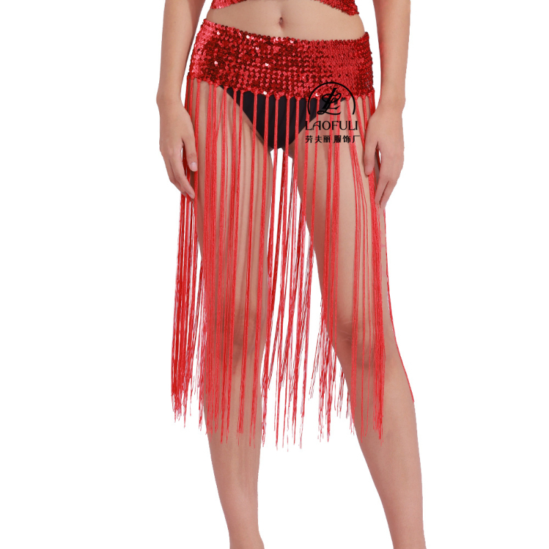 Costum Belly Dance cu centură de talie din paiete și fustă cu ciucuri — stil prințesă, materiale: acrilic ≤30%, poliester 90–95%