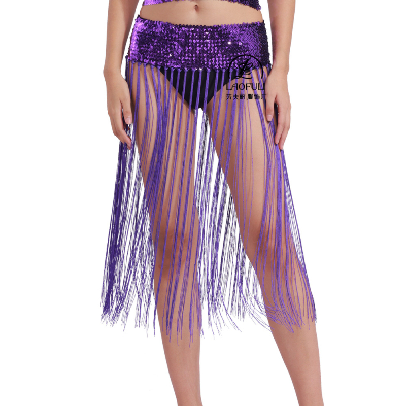 Costum Belly Dance cu centură de talie din paiete și fustă cu ciucuri — stil prințesă, materiale: acrilic ≤30%, poliester 90–95%