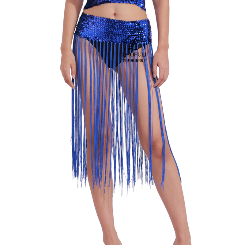 Costum Belly Dance cu centură de talie din paiete și fustă cu ciucuri — stil prințesă, materiale: acrilic ≤30%, poliester 90–95%