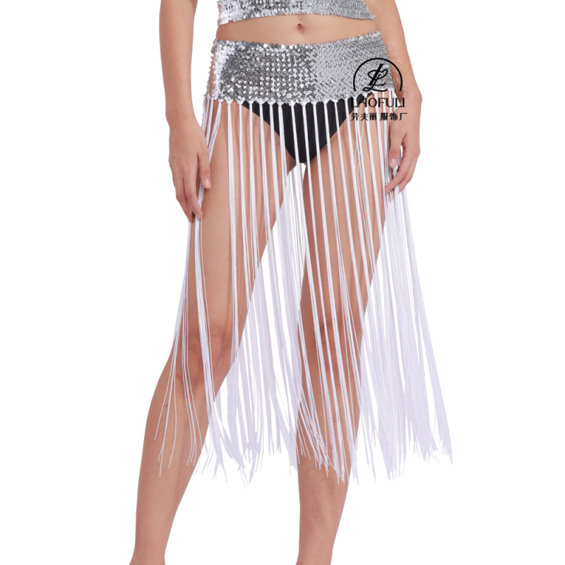 Costum Belly Dance cu centură de talie din paiete și fustă cu ciucuri — stil prințesă, materiale: acrilic ≤30%, poliester 90–95%