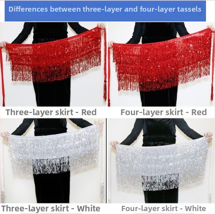 Colier talie Belly Dance pentru Halloween cu hip scarf paietat, trei straturi de ciucuri – material chiffon, poliester 90–95%