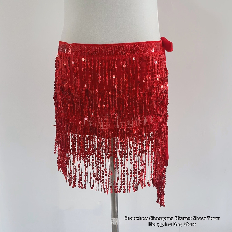 Colier talie Belly Dance pentru Halloween cu hip scarf paietat, trei straturi de ciucuri – material chiffon, poliester 90–95%