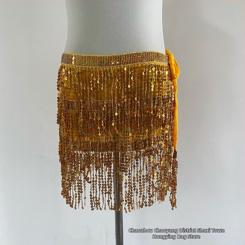 Colier talie Belly Dance pentru Halloween cu hip scarf paietat, trei straturi de ciucuri – material chiffon, poliester 90–95%