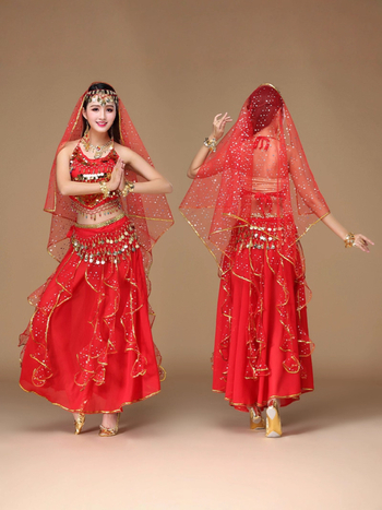 Costum indian pentru dans oriental, material chiffon, poliester 90–95%, stil prințesă, toamnă 2025