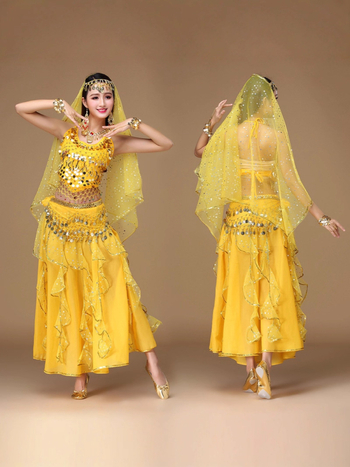 Costum indian pentru dans oriental, material chiffon, poliester 90–95%, stil prințesă, toamnă 2025