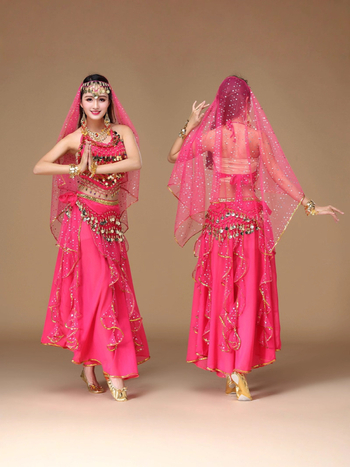 Costum indian pentru dans oriental, material chiffon, poliester 90–95%, stil prințesă, toamnă 2025