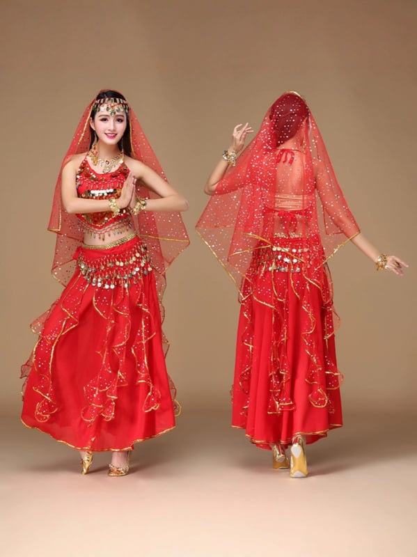 Costum indian pentru dans oriental, material chiffon, poliester 90–95%, stil prințesă, toamnă 2025