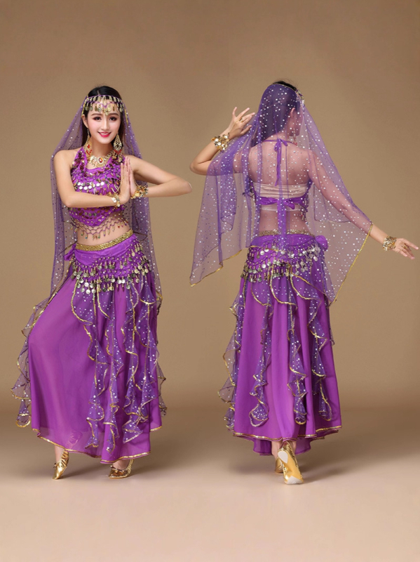 Costum indian pentru dans oriental, material chiffon, poliester 90–95%, stil prințesă, toamnă 2025