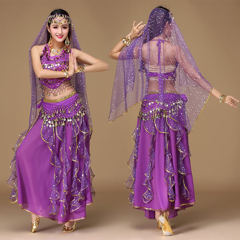 Costum indian pentru dans oriental, material chiffon, poliester 90–95%, stil prințesă, toamnă 2025