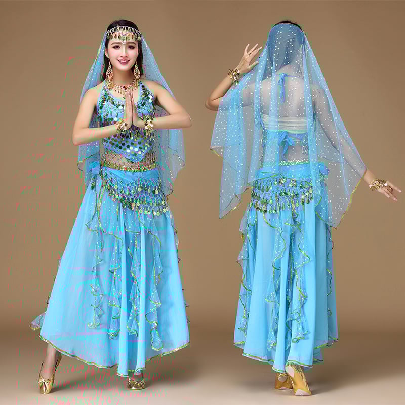 Costum indian pentru dans oriental, material chiffon, poliester 90–95%, stil prințesă, toamnă 2025