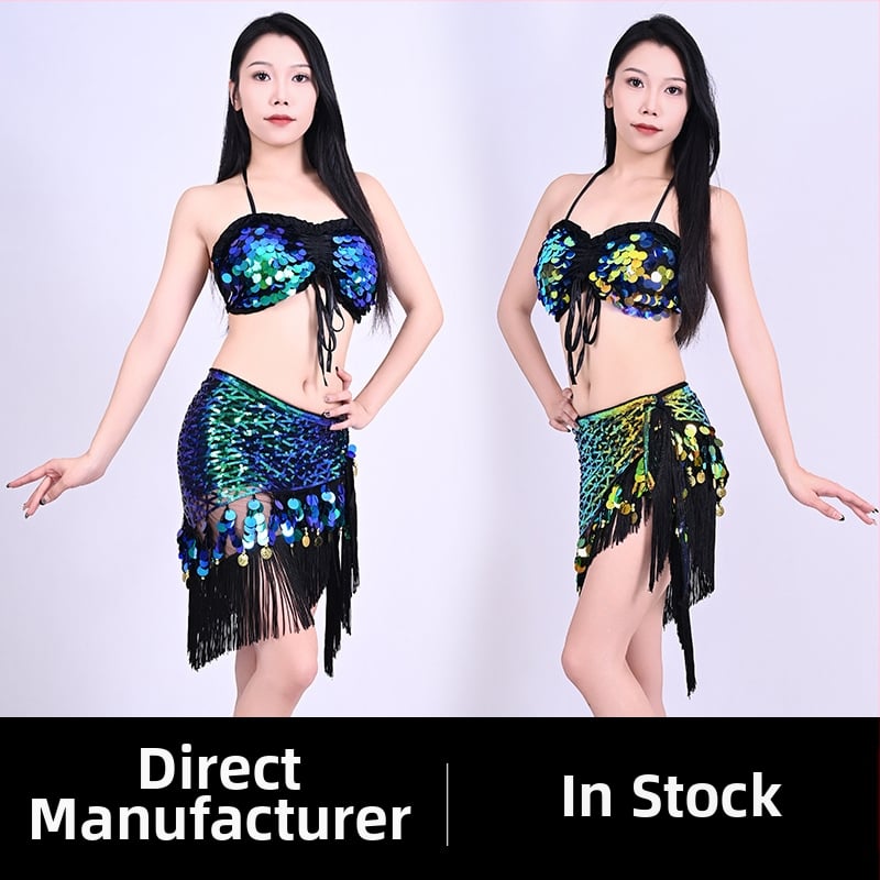 Costum de dans belly cu paiete și șal indian pentru șold – Ținută pentru reprezentație de dans oriental, Primăvara 2025, Țesătură poliester (>95%), Croială compusă, Stil Street Trendsetter