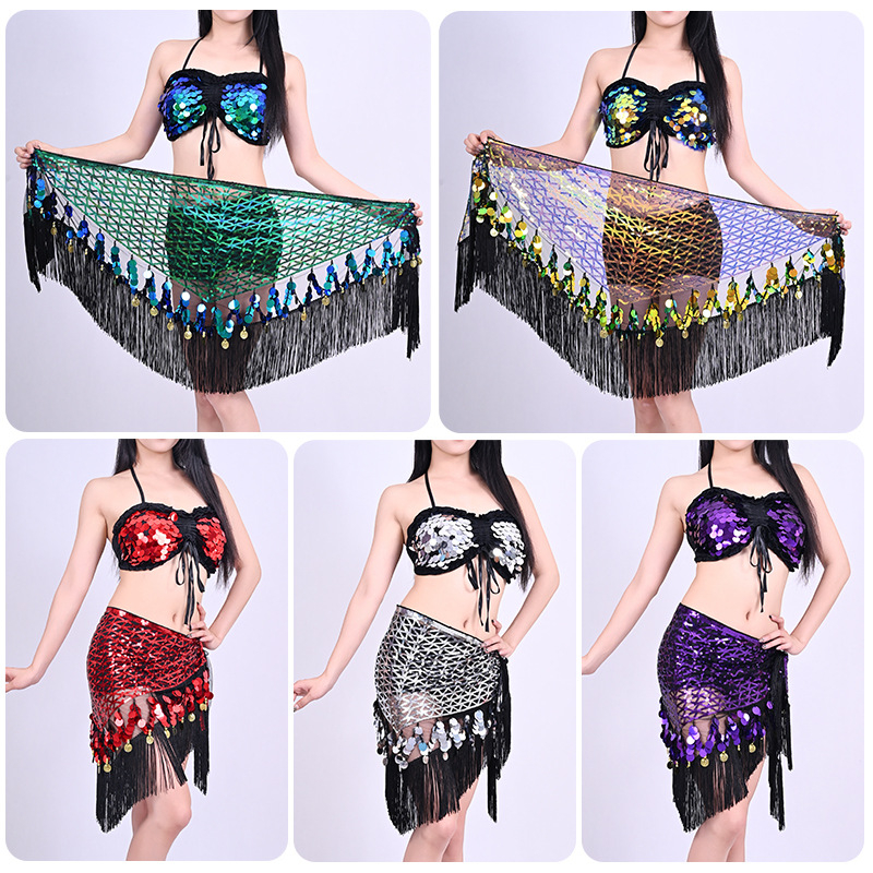 Costum de dans belly cu paiete și șal indian pentru șold – Ținută pentru reprezentație de dans oriental, Primăvara 2025, Țesătură poliester (>95%), Croială compusă, Stil Street Trendsetter