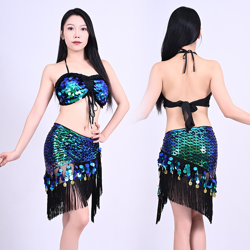 Costum de dans belly cu paiete și șal indian pentru șold – Ținută pentru reprezentație de dans oriental, Primăvara 2025, Țesătură poliester (>95%), Croială compusă, Stil Street Trendsetter