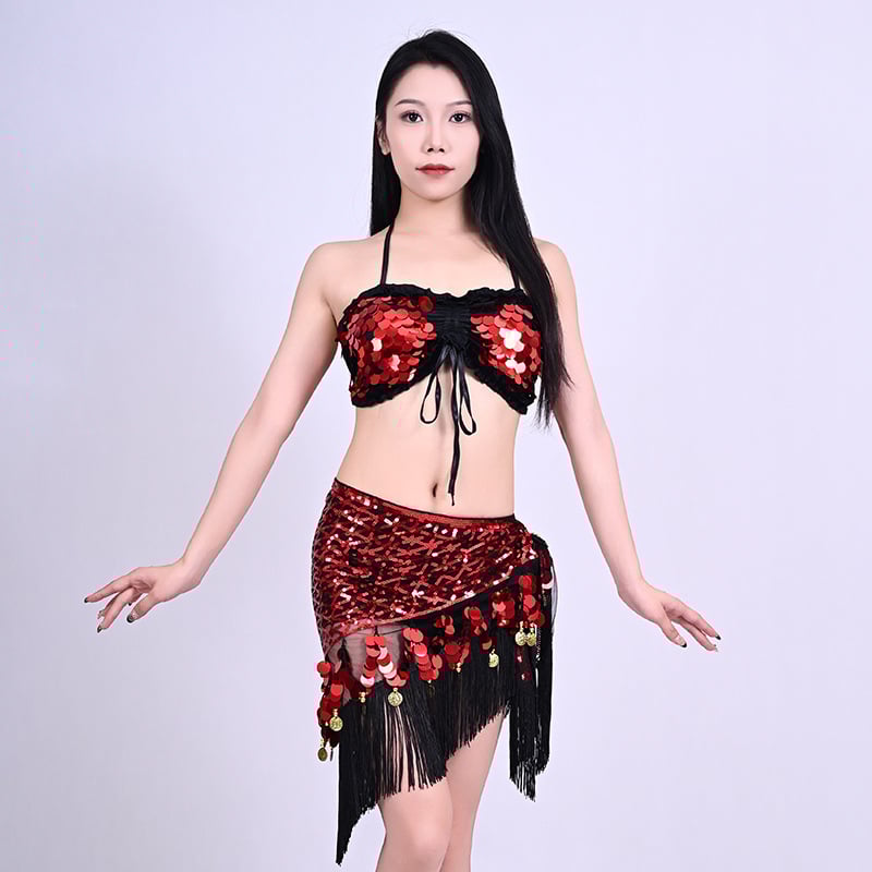 Costum de dans belly cu paiete și șal indian pentru șold – Ținută pentru reprezentație de dans oriental, Primăvara 2025, Țesătură poliester (>95%), Croială compusă, Stil Street Trendsetter