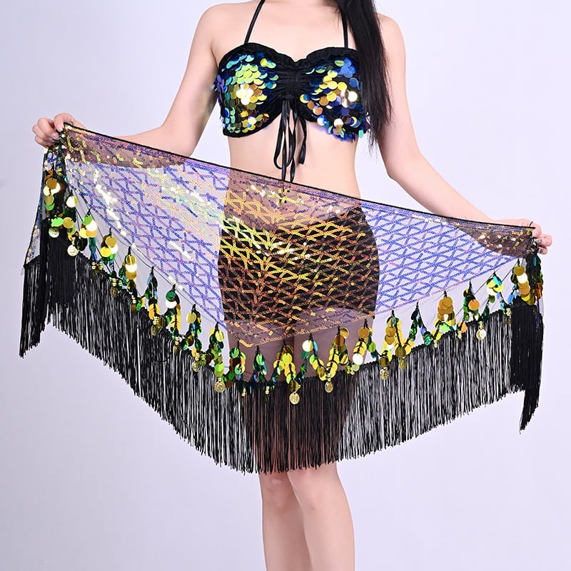 Costum de dans belly cu paiete și șal indian pentru șold – Ținută pentru reprezentație de dans oriental, Primăvara 2025, Țesătură poliester (>95%), Croială compusă, Stil Street Trendsetter