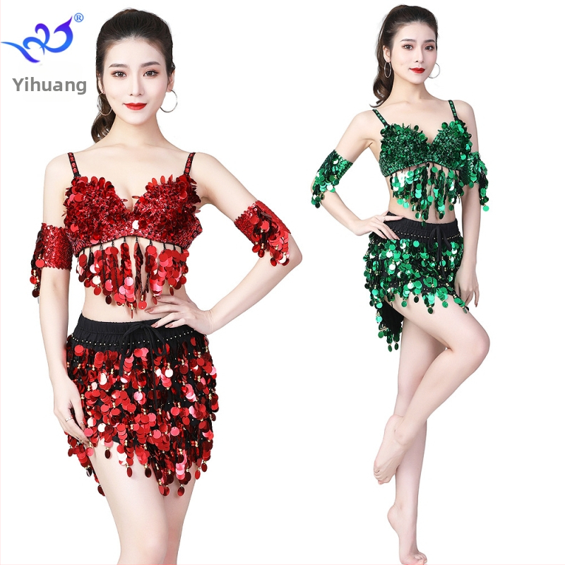 Scenski kostim s setom sequin grudnjaka za otvarajuće plesove; Milk Silk tkanina, 95% poliester + 5% spandeks; podstava 15% pamuk; jednobojni uzorak; pogodan za plesove trbuha, Xinjiang ples, indijski ples
