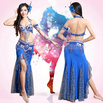 Set za belly dance za žene, s šljokicama na grudnjaku i suknjom, od lana s nylonom i poliestrom, za scenske nastupe