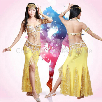 Set za belly dance za žene, s šljokicama na grudnjaku i suknjom, od lana s nylonom i poliestrom, za scenske nastupe