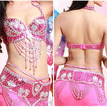 Set za belly dance za žene, s šljokicama na grudnjaku i suknjom, od lana s nylonom i poliestrom, za scenske nastupe