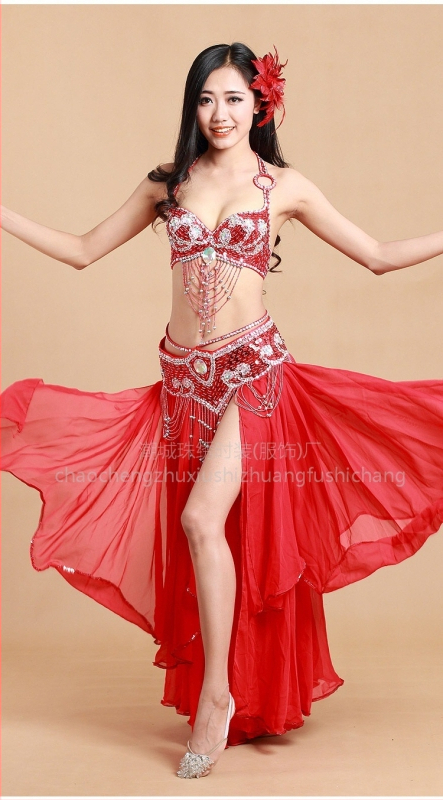 Set za belly dance za žene, s šljokicama na grudnjaku i suknjom, od lana s nylonom i poliestrom, za scenske nastupe