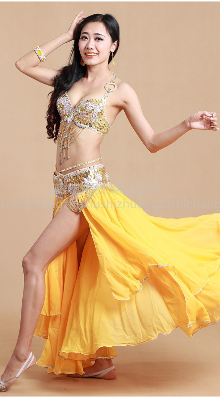 Set za belly dance za žene, s šljokicama na grudnjaku i suknjom, od lana s nylonom i poliestrom, za scenske nastupe