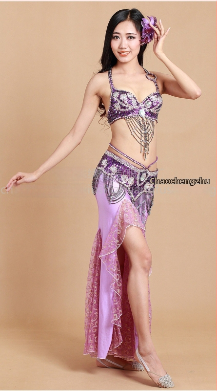Set za belly dance za žene, s šljokicama na grudnjaku i suknjom, od lana s nylonom i poliestrom, za scenske nastupe