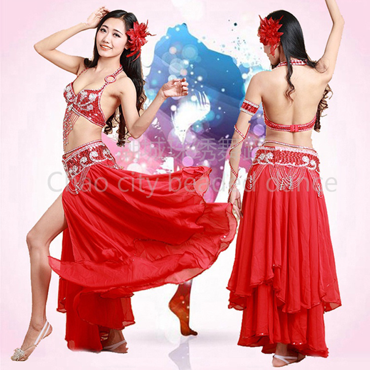 Set za belly dance za žene, s šljokicama na grudnjaku i suknjom, od lana s nylonom i poliestrom, za scenske nastupe