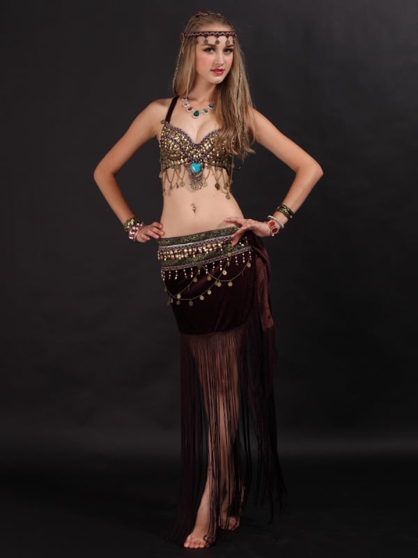 Костюм за ориенталски танц с ресни и етно мотиви, две части — Peter Jo; Велур; Основен състав: 80% хлорирани влакна, 20% полиестер; Подходящ за фолклорни танци; За жена; Възраст 18–24; Точност на измерване 1–2 см