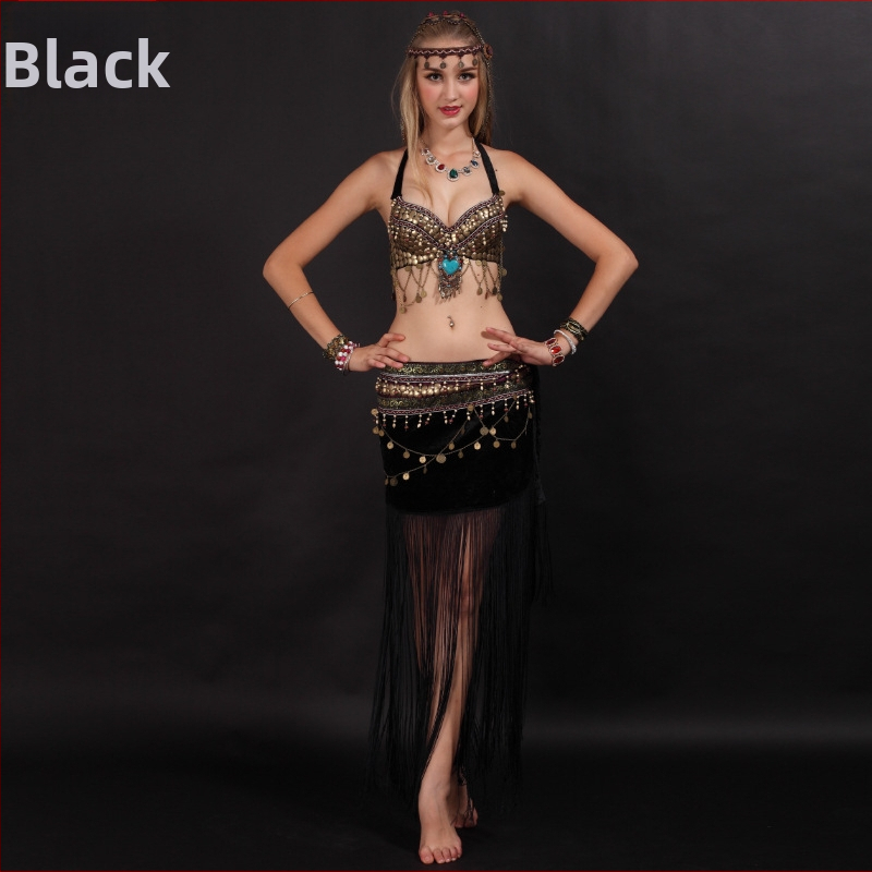 Костюм за ориенталски танц с ресни и етно мотиви, две части — Peter Jo; Велур; Основен състав: 80% хлорирани влакна, 20% полиестер; Подходящ за фолклорни танци; За жена; Възраст 18–24; Точност на измерване 1–2 см