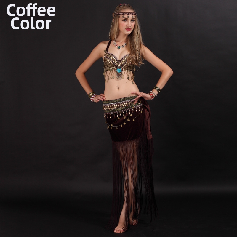 Костюм за ориенталски танц с ресни и етно мотиви, две части — Peter Jo; Велур; Основен състав: 80% хлорирани влакна, 20% полиестер; Подходящ за фолклорни танци; За жена; Възраст 18–24; Точност на измерване 1–2 см