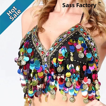 Sutien cu paiete pentru dansele belly, cu ciucuri și monede, din poliester (Primăvara 2024; Poliester; 80-90% poliester; Stil sexy)