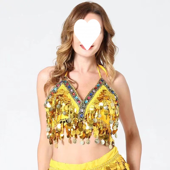 Sutien cu paiete pentru dansele belly, cu ciucuri și monede, din poliester (Primăvara 2024; Poliester; 80-90% poliester; Stil sexy)
