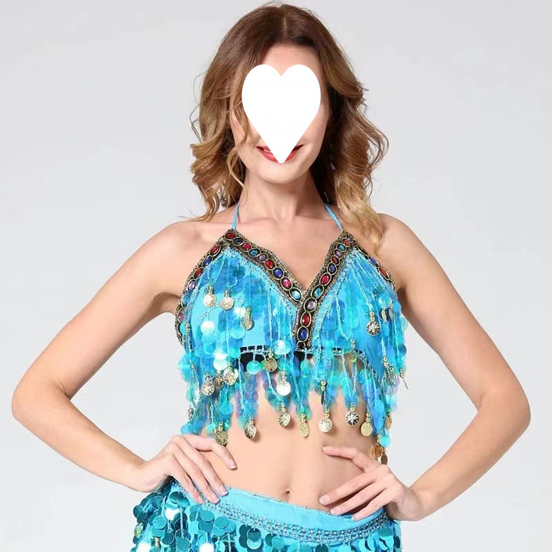 Sutien cu paiete pentru dansele belly, cu ciucuri și monede, din poliester (Primăvara 2024; Poliester; 80-90% poliester; Stil sexy)