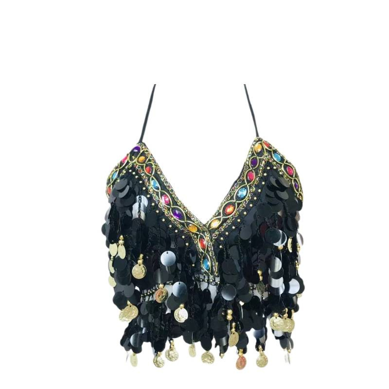 Sutien cu paiete pentru dansele belly, cu ciucuri și monede, din poliester (Primăvara 2024; Poliester; 80-90% poliester; Stil sexy)