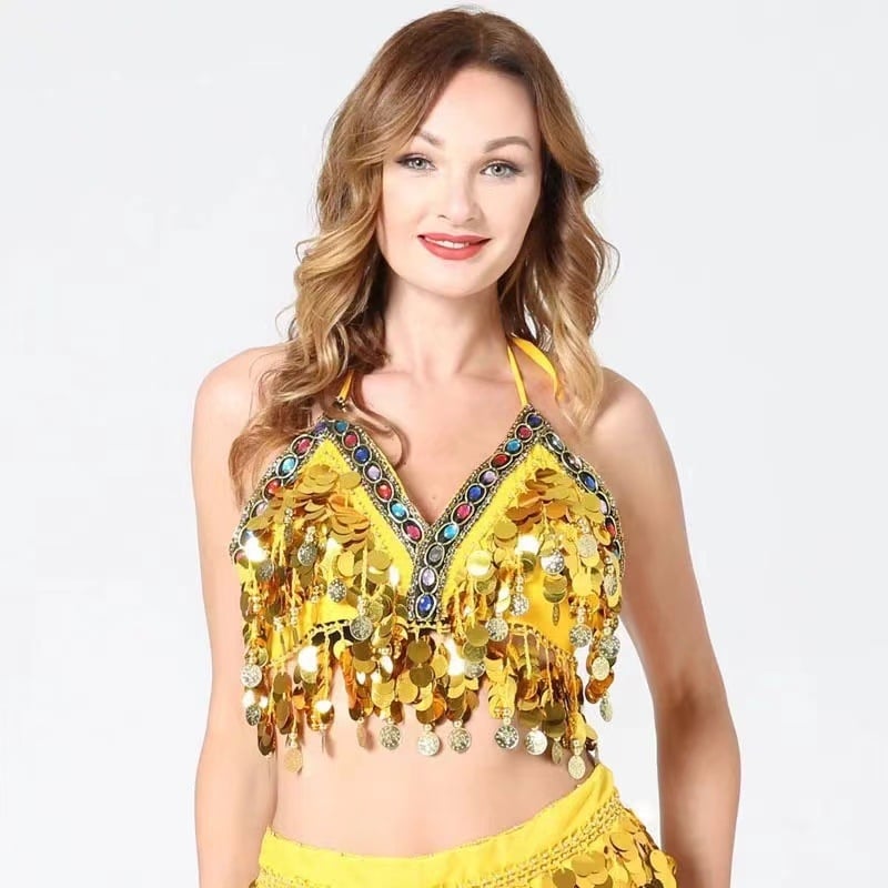 Sutien cu paiete pentru dansele belly, cu ciucuri și monede, din poliester (Primăvara 2024; Poliester; 80-90% poliester; Stil sexy)