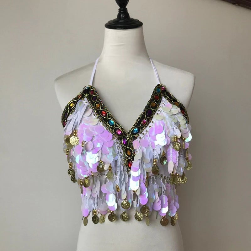 Sutien cu paiete pentru dansele belly, cu ciucuri și monede, din poliester (Primăvara 2024; Poliester; 80-90% poliester; Stil sexy)