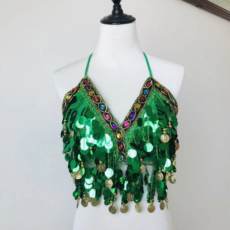 Sutien cu paiete pentru dansele belly, cu ciucuri și monede, din poliester (Primăvara 2024; Poliester; 80-90% poliester; Stil sexy)