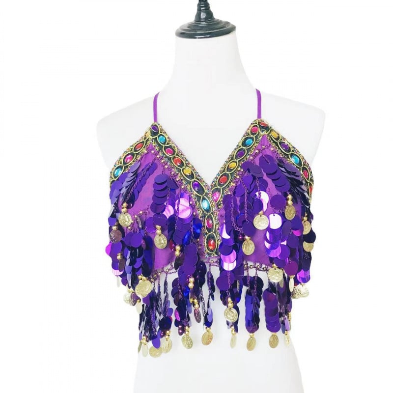 Sutien cu paiete pentru dansele belly, cu ciucuri și monede, din poliester (Primăvara 2024; Poliester; 80-90% poliester; Stil sexy)